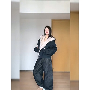 现货高品质美式高街冬季重磅硬挺短款座山雕毛领棉衣男女加厚外套图片