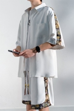 1小熊短袖衬衫男+短裤大码M-5XL套装92%聚酯纤维8%氨纶TZ77058P70，男装衬衫，星座226-2