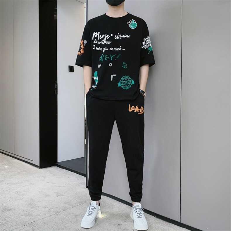 新款夏季潮流时尚短袖T恤男装青少年宽松休闲ins圆领套装F309P68,男装休闲套装,电商A086