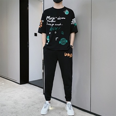 新款夏季潮流时尚短袖T恤男装青少年宽松休闲ins圆领套装F309P68，男装休闲套装，电商A086