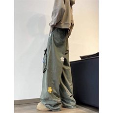 W9740-P83自家图现货高品质美式复古花朵刺绣工装裤直筒阔腿裤，男装工装外套，星座1608-2