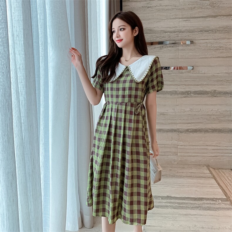 2021夏新款韩版蕾丝拼接格子裙复古连衣裙学院风大码女装+,女装连衣裙,潮品会