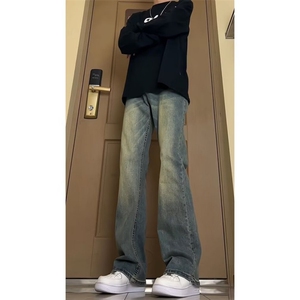 复古蓝牛仔裤男款秋冬美式hiphop裤子高街微喇直筒裤N8066-P40,狮子女与十二星座男搭配指数图片
