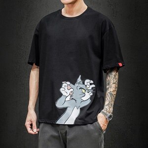 2021夏季新日系大码男猫和老鼠已注册卡通印花短袖T恤T1058-P25图片