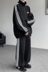 8XL-M条纹撞色开衫新年红卫衣运动套装潮牌运动服校园风TZ114P118，男装休闲套装，电商D206-1