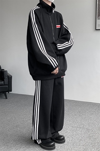 8XL-M条纹撞色开衫新年红卫衣运动套装潮牌运动服校园风TZ114P118图片