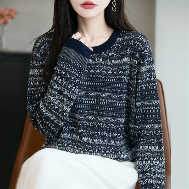 秋季新款青花瓷针织套头上衣,女装羊毛衫,九嘉羊绒