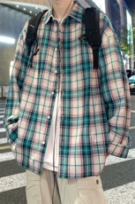 港风夜景小方格长袖翻领衬衫A247-S80P38控55，男装衬衫，电商A247