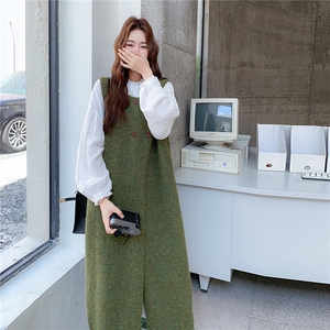 绿色复古松弛感针织背心连衣裙套装女2025秋新款花边A字裙两件套图片