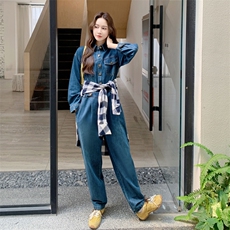 港风牛仔连体裤女2025长袖春秋新款高级时尚连身裤宽松工装连体裤，女装连体裤，2D076