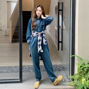 港风牛仔连体裤女2025长袖春秋新款高级时尚连身裤宽松工装连体裤图片