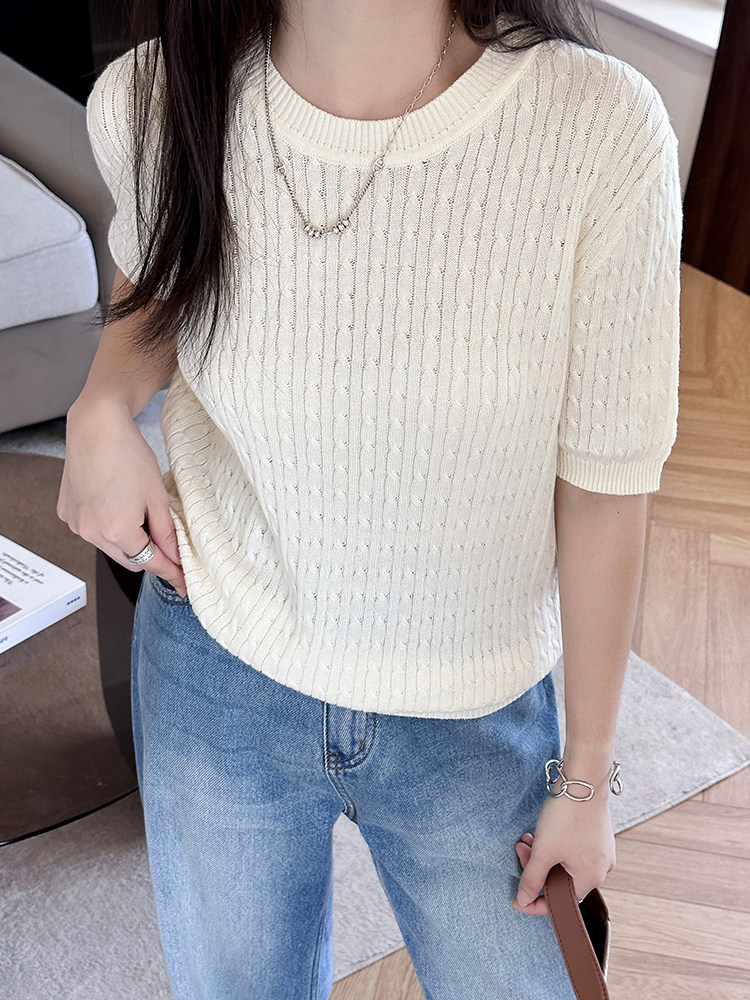纯棉夏季新款圆领麻花短袖女时尚百搭上衣显瘦针织打底衫,针织衫/毛衣,洁纯羊绒
