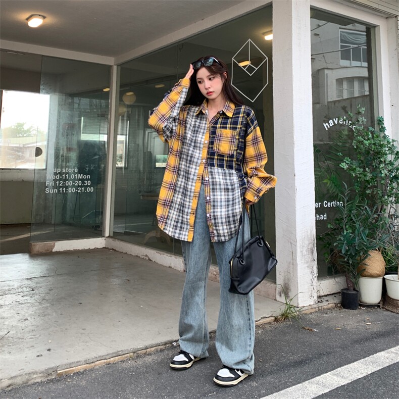 D572-P50设计感拼接格纹长袖衬衫秋季新款复古休闲宽松衬衣,男装衬衫,星座911