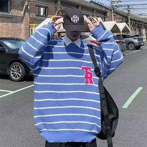 秋冬韩系慵懒风撞色条纹针织衫男女宽松M5521-P43图片