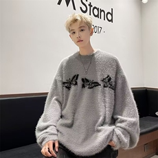 美式小众复古蝴蝶提花毛衣男秋冬季慵懒软糯宽松圆领针织衫M5716，男装针织衫/毛衣，星座506