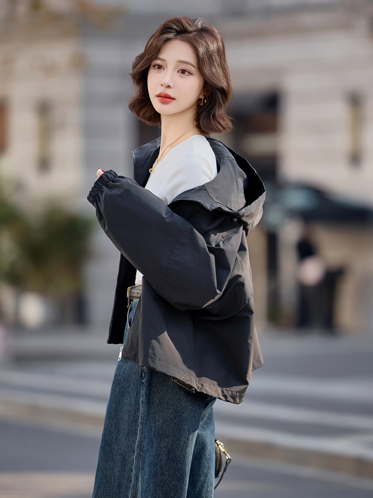 米色宽松休闲连帽短外套2025春季新款百搭气质纯色夹克上衣,女装短外套,梦懿尔