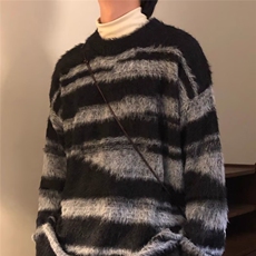 7196-P57仿貂绒条纹复古毛衣男秋冬显瘦慵懒松弛感圆领套头，男装针织衫/毛衣，电商B323A
