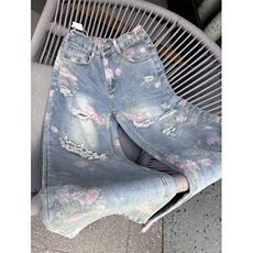 现货印花破洞蓝色牛仔裤5087-P55，男装牛仔裤，星座910-5