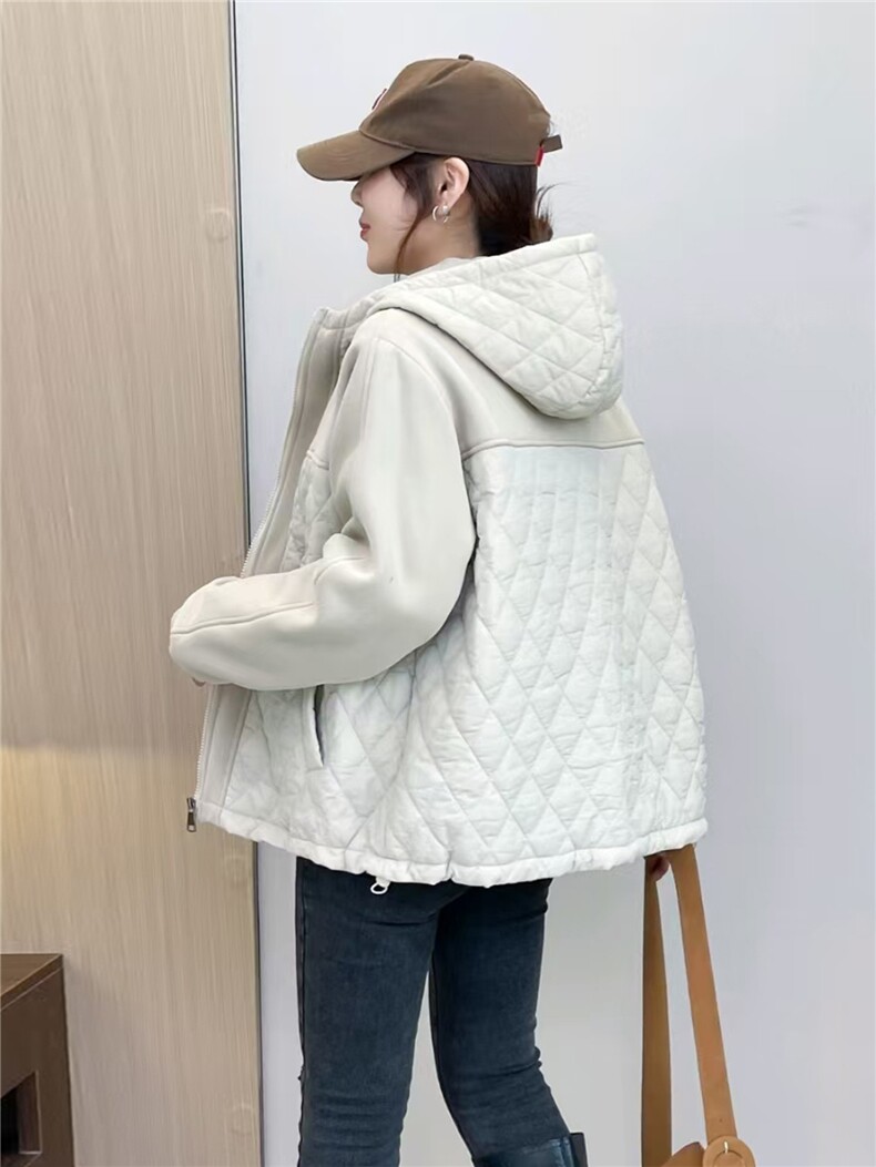 2025冬装新款修身保暖时尚菱形格个性拼接女士棉服外套,女装棉衣/棉服,江忆布依