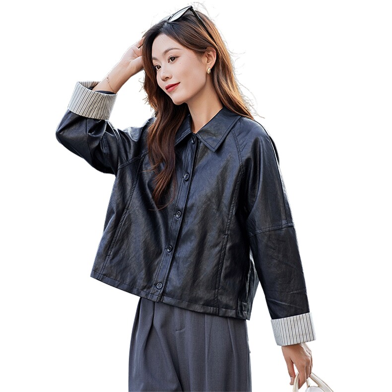 时尚翻领皮衣外套女2025春秋新款条纹拼接PU皮夹克短款高级感上衣,女装短外套,靓衣阁