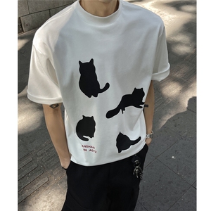 半高领短袖T恤男夏季潮牌小众丝网重磅美式百搭白色宽松五分半袖