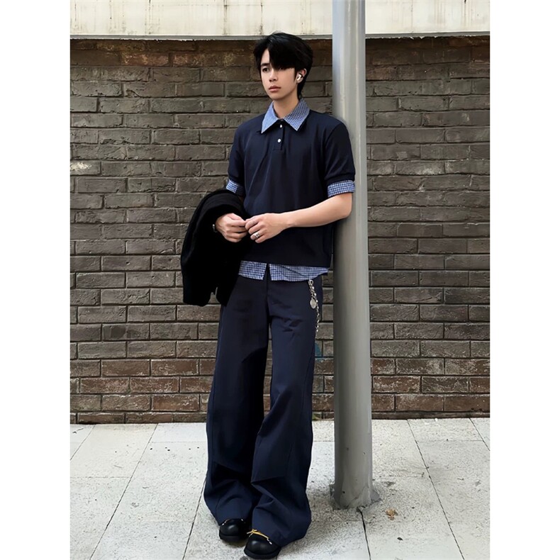 网图有货夏季美式藏青色假两件格子拼接polo领短袖男女A600-P40,男装T恤,星座1505