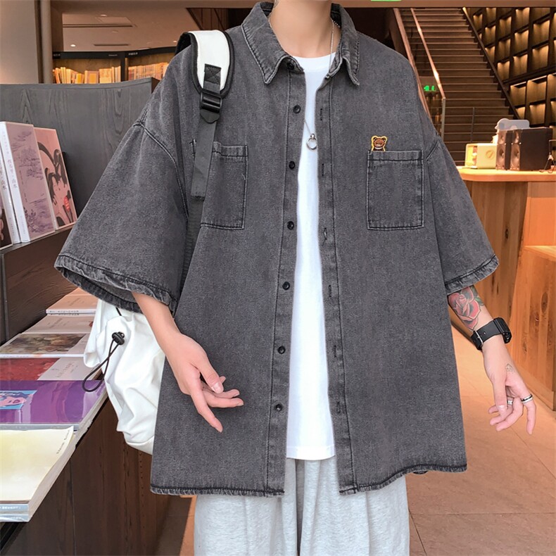 男士短袖夏季2024新款水洗牛仔布衬衫W1352P40,男装衬衫,星座1116-2