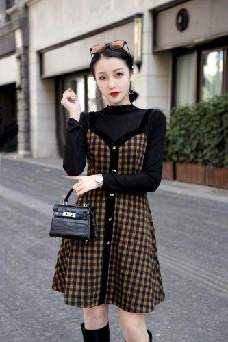 【现货】格子假两件连衣裙，女装连衣裙，艾丹迪蔓