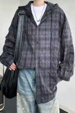 廓形防晒衬衫男夏季长袖冰丝薄款亚麻格子衬衣开衫外套CS29006P50，男装衬衫，电商B312