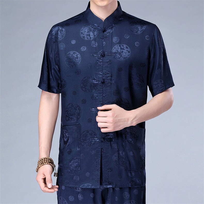 太极服男中老年唐装套装宽松绣花短袖汉服爸爸装中式冰丝薄款衬衫,男装中老年男装,钱塘723