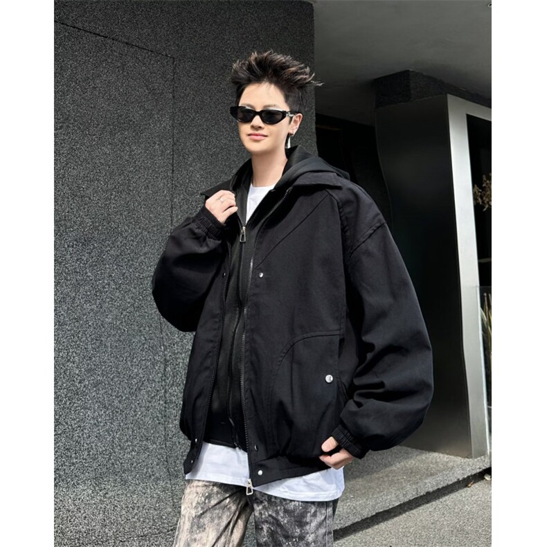 假两件夹克男春秋季宽松休闲潮牌复古小众解构连帽外套9348P90，男装夹克，星座410-2