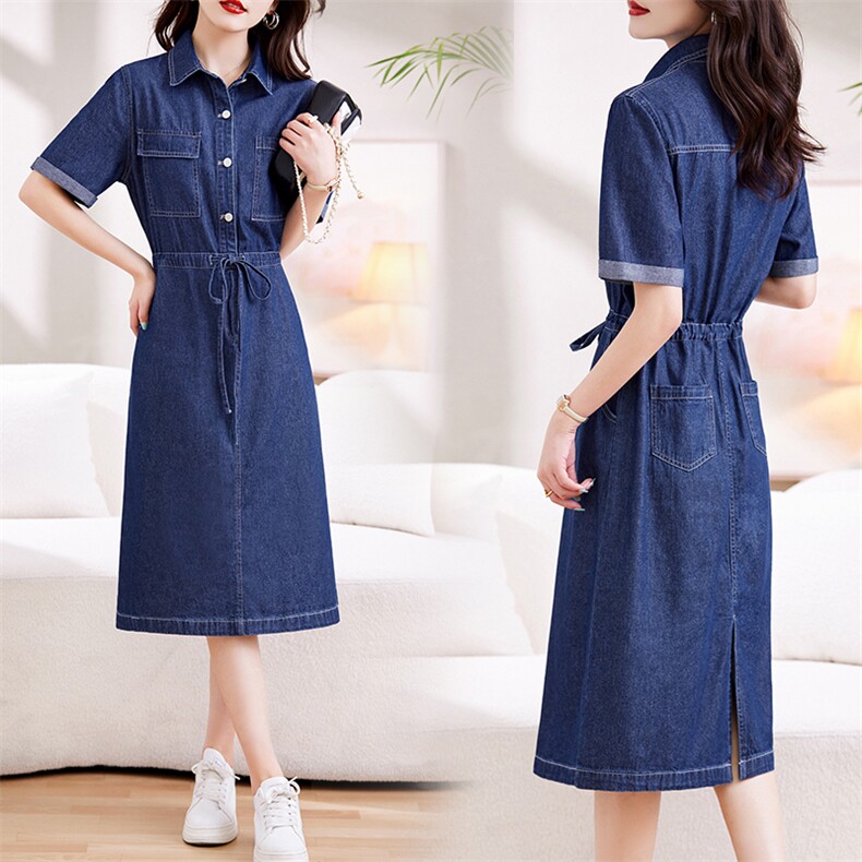 对白法式牛仔连衣裙女2024年夏季新款气质通勤设计感收腰牛仔裙子，女装连衣裙，天丽