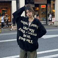 美式复古字母印花连帽毛衣女秋冬季2025年新款宽松情侣针织衫外套，男装针织衫/毛衣，星座1210-1