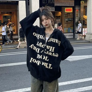 美式复古字母印花连帽毛衣女秋冬季2025年新款宽松情侣针织衫外套图片