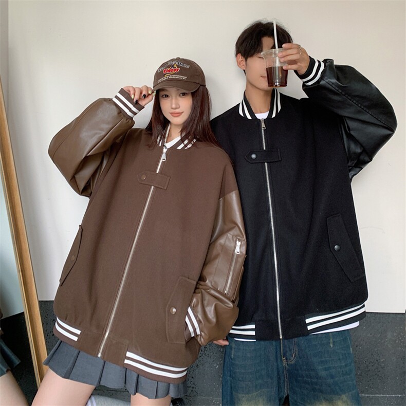 2025秋新棒球领情侣呢料拼皮夹克外套男705-1-W8827-P90控135,男装夹克,星座705-1