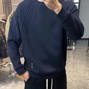 2025秋季简约设计感潮流拼接圆领卫衣男士修身百搭时尚休闲上衣服图片