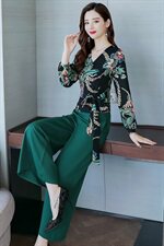 时尚优雅气质收腰修身显瘦V领阔腿裤纯色2021春季套装，女装套装/套裙，天丝秀