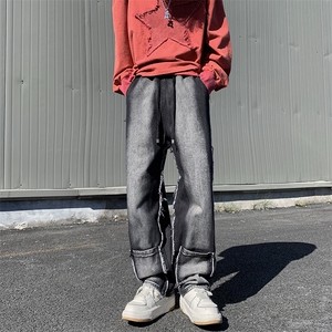 秋冬小众设计感宽松直筒长裤美式潮牌毛边工装牛仔裤男 K7574-P48图片