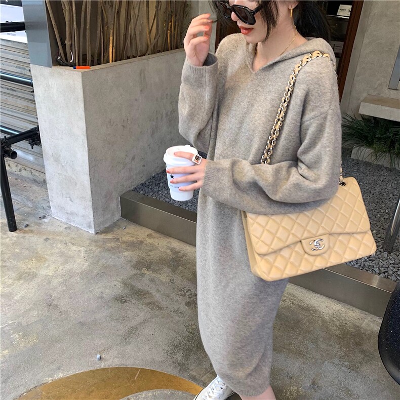 毛衣女秋冬2024秋冬款连帽洋气慵懒宽松软糯连衣裙,女装连衣裙,思途羊绒