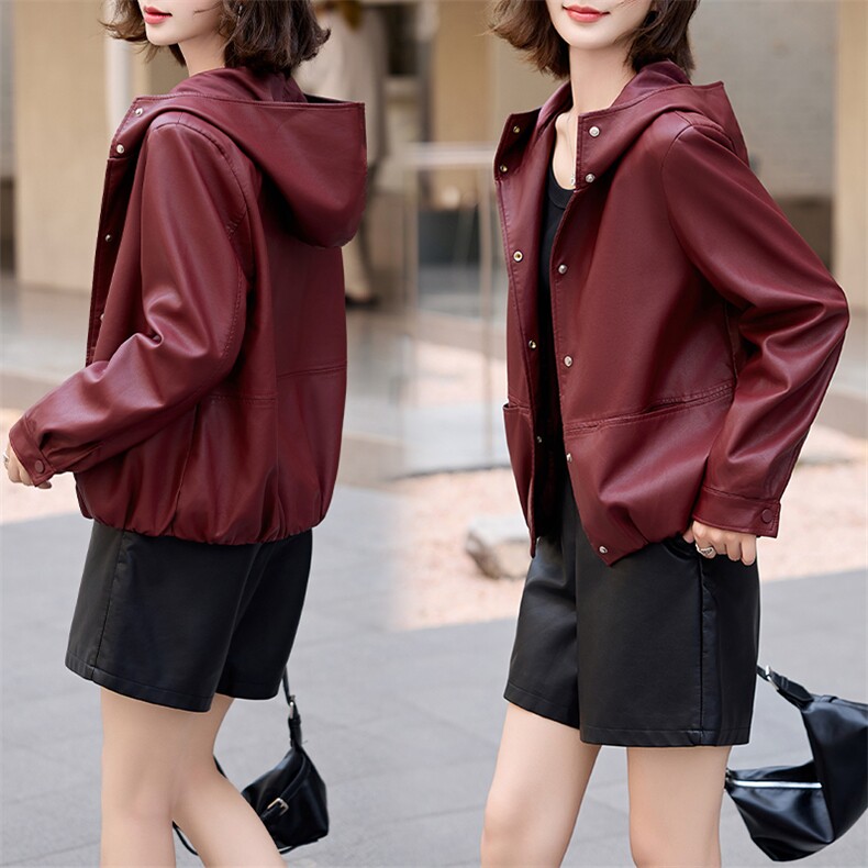 仿真皮皮衣女2024新款秋带帽休闲小个子海宁仿绵羊皮夹克外套短款，女装皮衣，江南女神