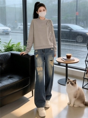 盐系穿搭休闲时尚套装女春款圆领刺绣长袖上衣破洞牛仔长裤两件套，女装套装/套裙，江南