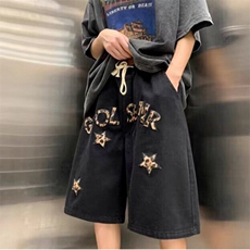 欧美简约复古发泡印花运动短裤男潮牌街头宽松情侣工装薄款五分裤，男装牛仔裤，四季星座505