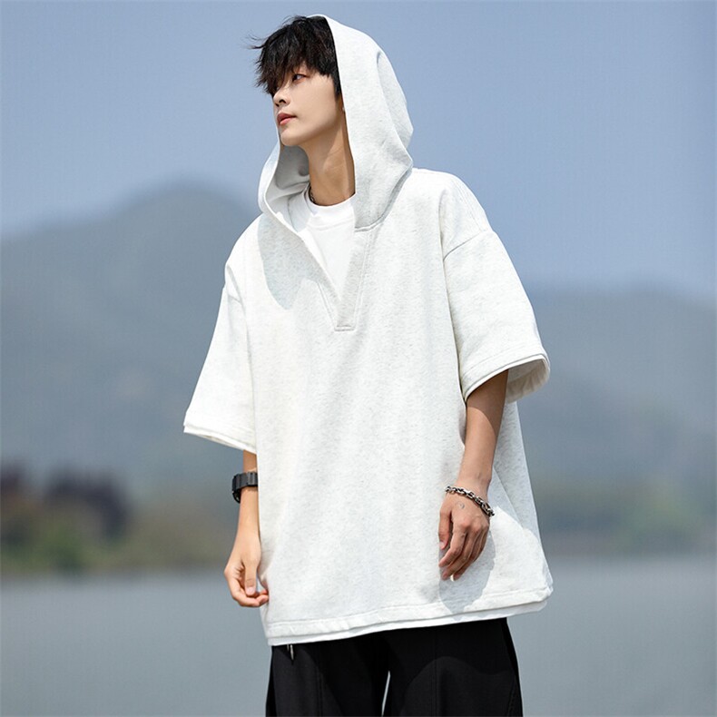 8XL-M假两件短袖卫衣连帽t恤男夏季薄款宽松大码学生半袖DT007P48,男装T恤,电商B312