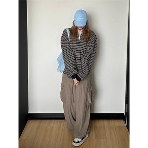BN32-P74 假两件长袖t恤女秋季美式复古宽松情侣卫衣polo领撞色图片