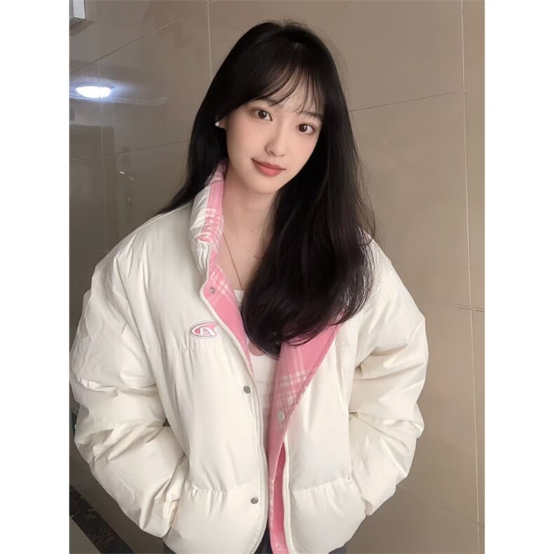 1506-1/M76591/P89韩版辣妹粉白色双面穿立领棉服女外套,男装棉衣,星座1506-1