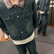 韩式格子撞色领设计牛仔夹克直筒宽松牛仔裤套装男女-TZ710-p130，男装牛仔裤，星座601-2