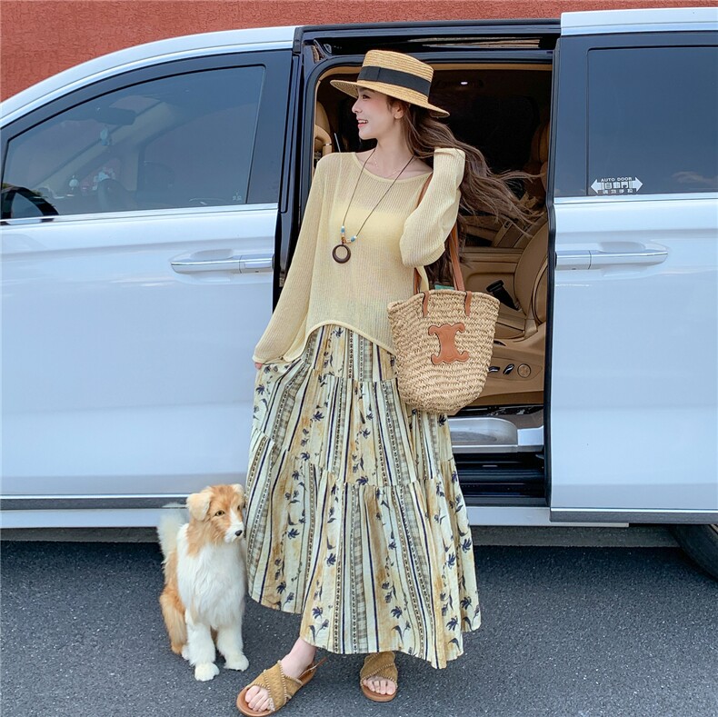 度假风针织罩衫印花半身裙套装女春季氛围感穿搭一整套,女装套装/套裙,维壹