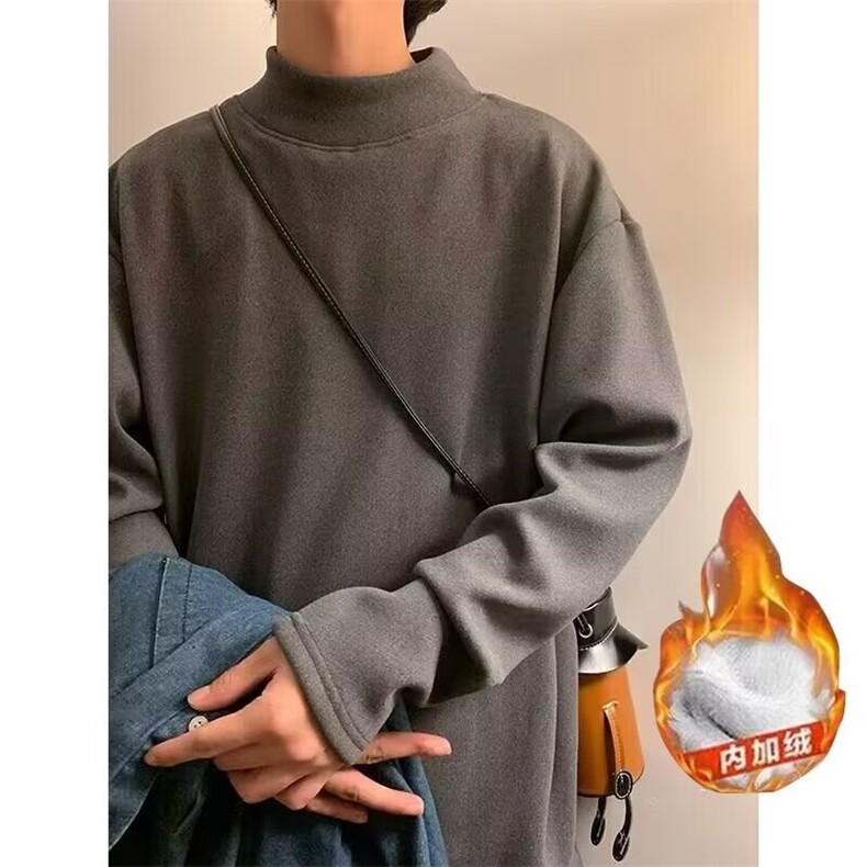 白色半高领德绒打底衫长袖t恤男秋冬季大码卫衣加绒保暖内搭上衣，男装T恤，星座601-2