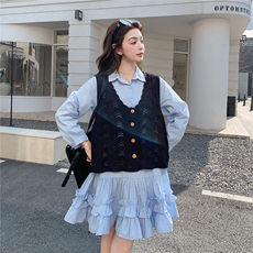 现货新款蓝色针织马甲衬衫连衣裙套装女2C282-209P175K288，女装套装/套裙，2C282
