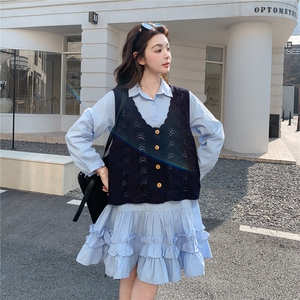 现货新款蓝色针织马甲衬衫连衣裙套装女2C282-209P175K288图片